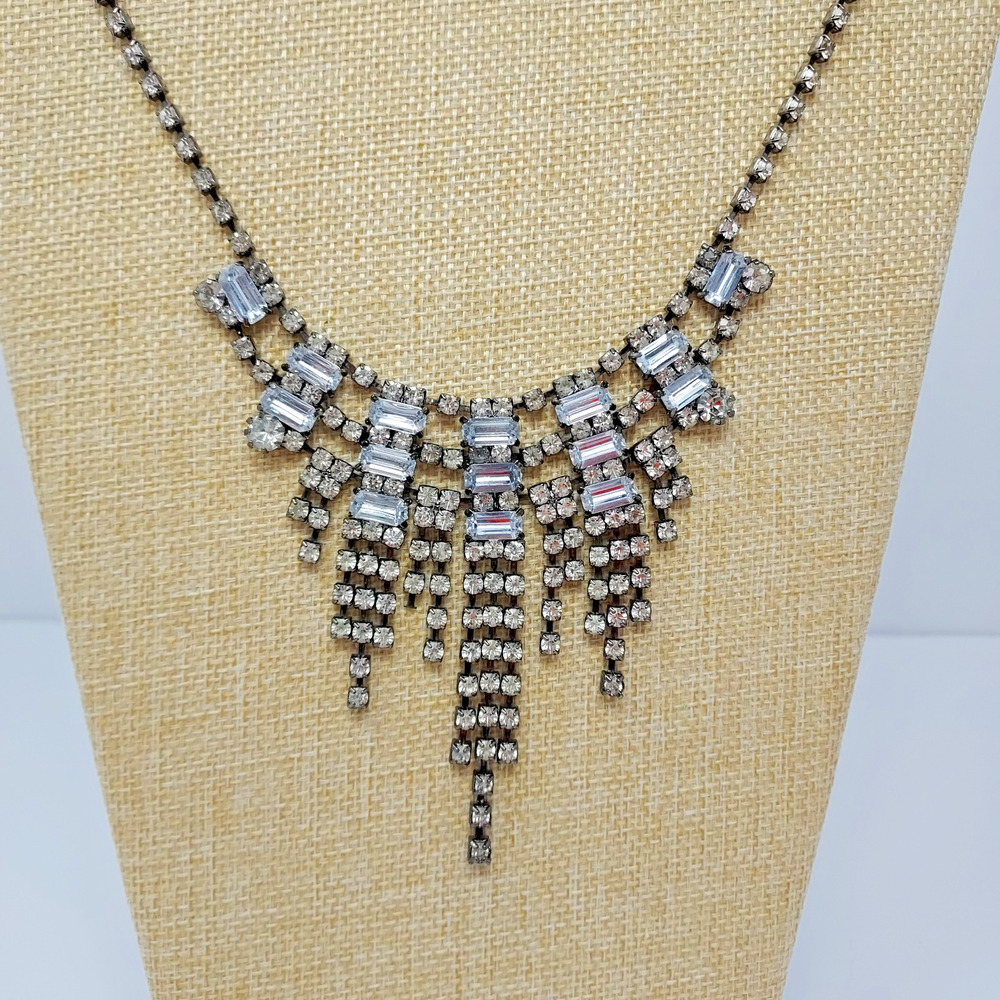 Vintage Gunmetal Rhinestone Bib Necklace Baguette Fringe Statement 17" Party